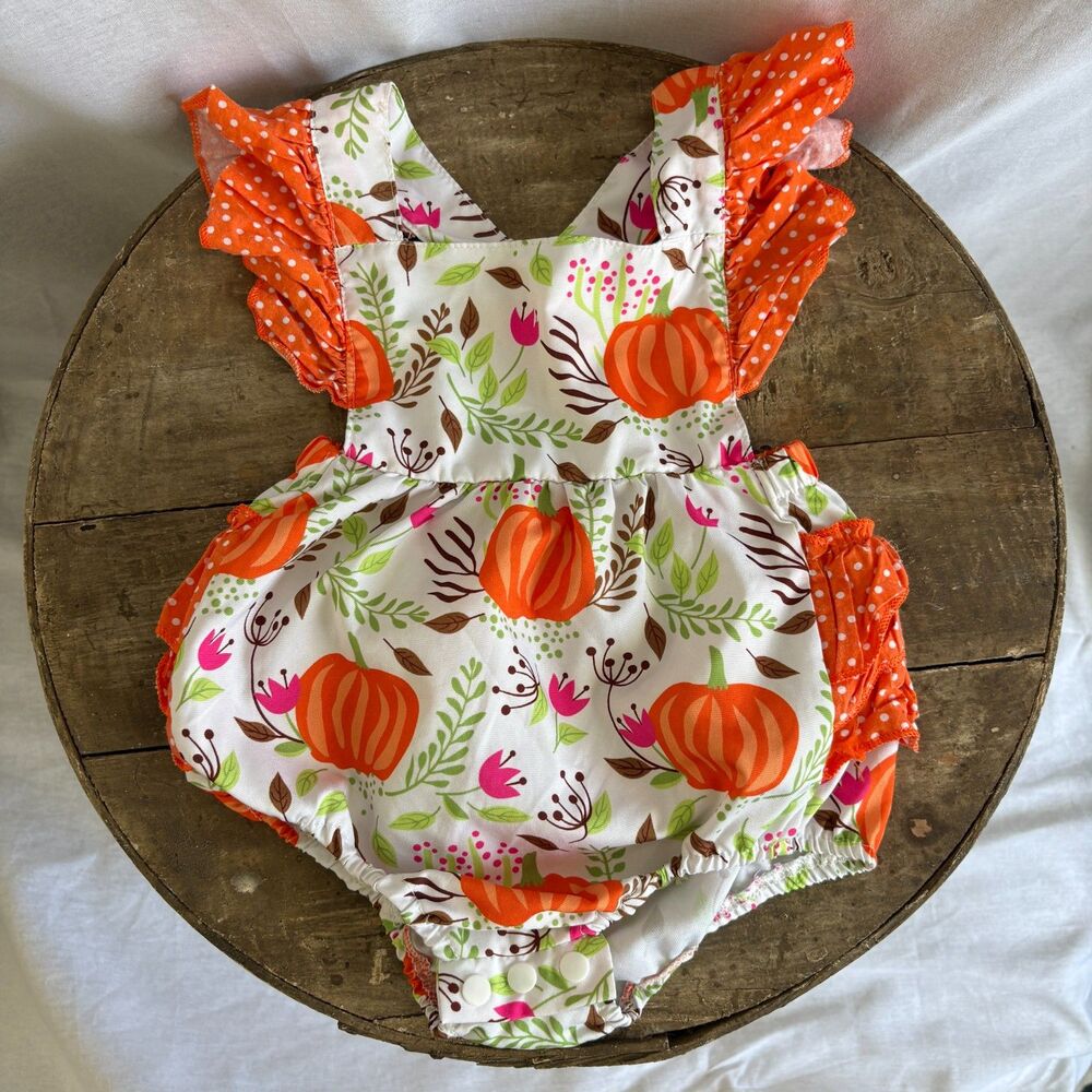 Baby Girl Pumpkin Floral Ruffle Bubble Romper Fall Thanksgiving